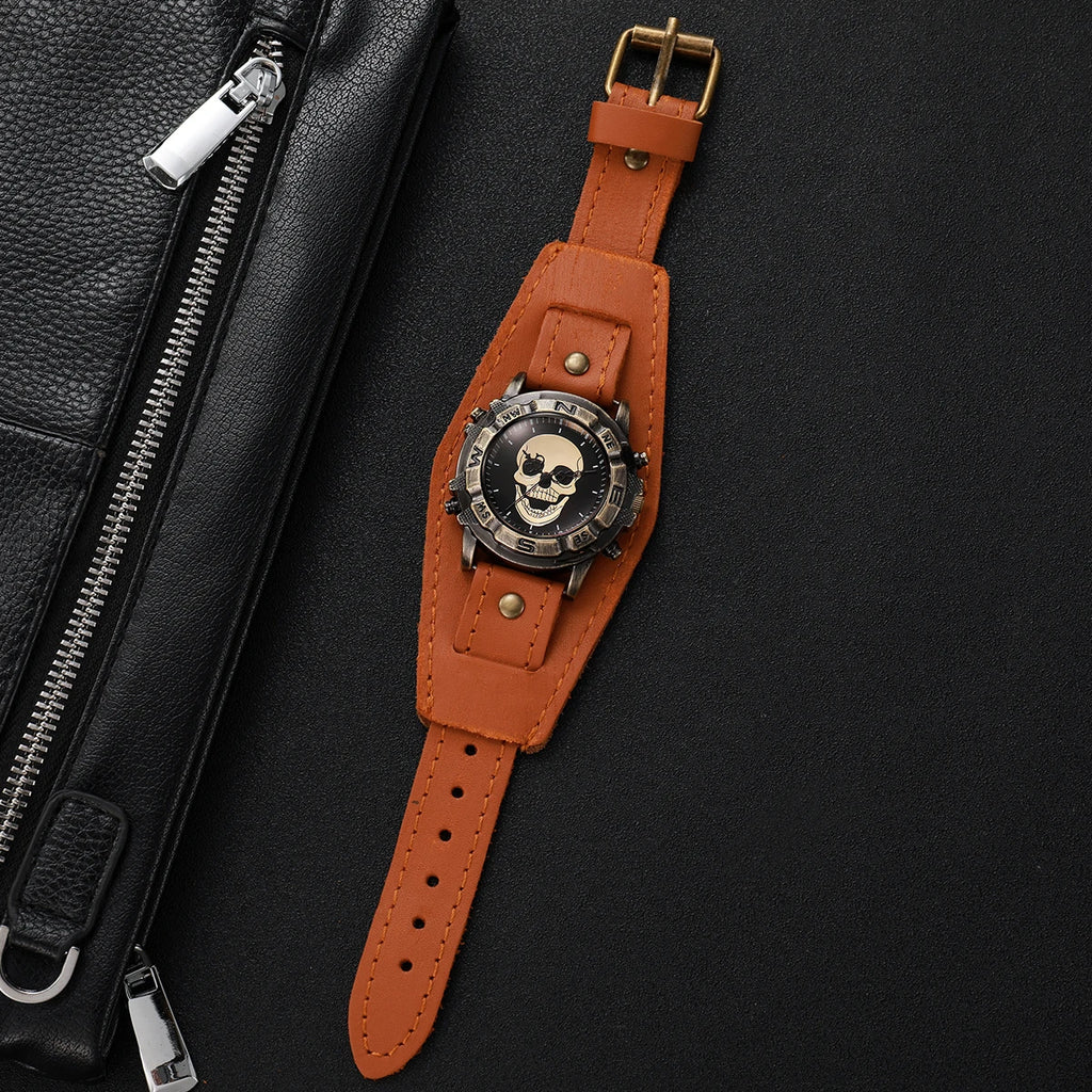Vintage Skull Men Watch Wide Leather Strap Compass Bezel Punk Style Large Dial Quartz Wrist Watch for Male Qme