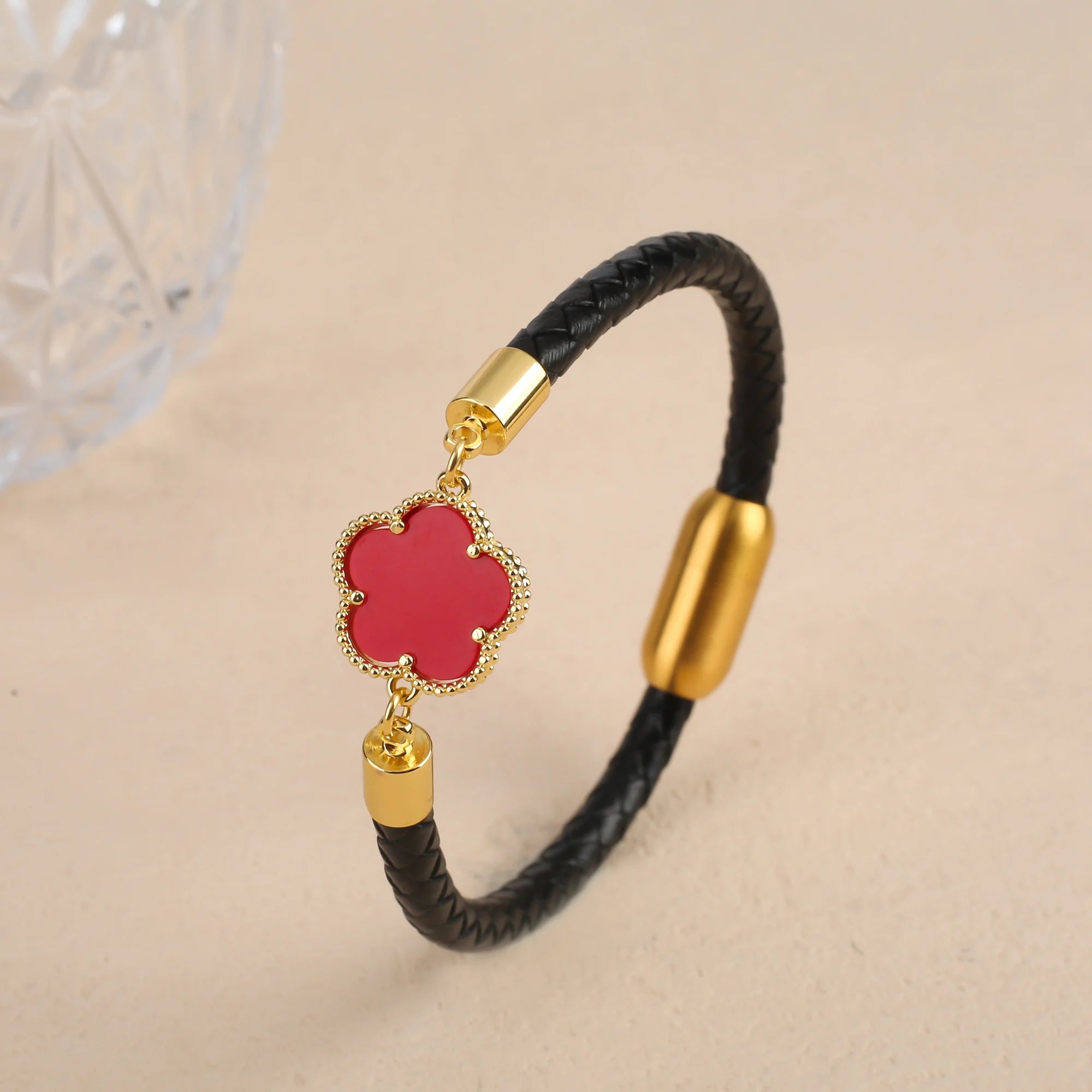 10 Colors Natural Gem Five-Leaf Flower Leather Bracelet Stainless Steel Magnetic Buckle for Women Flower Jewelry Free Shipping Qme Colors 3 23cm Coffee Leather