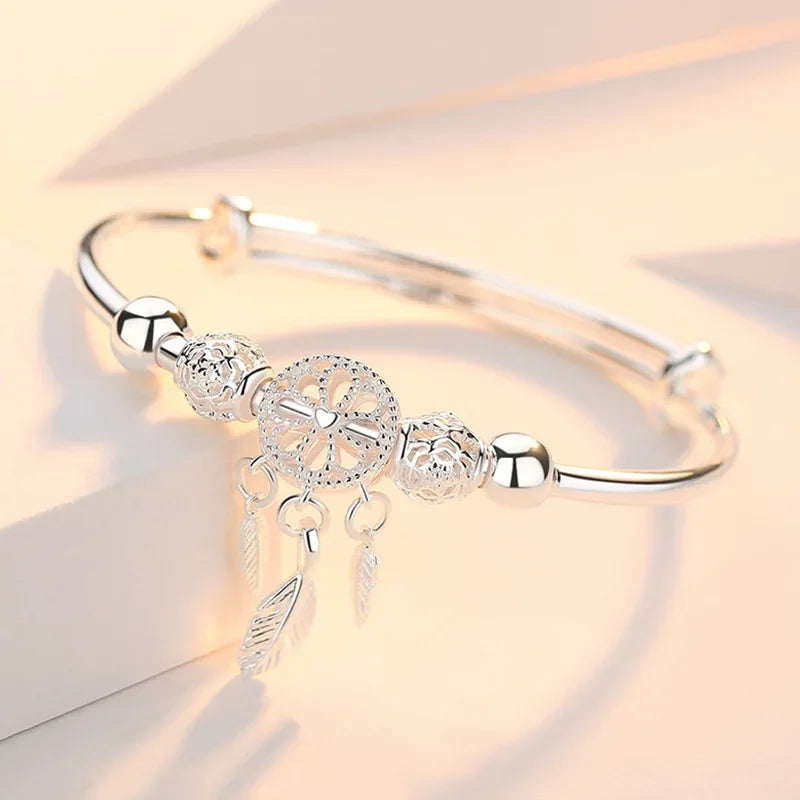 Fine 925 Sterling Silver Dreamcatcher Tassel Feather Lucky Bead Bracelet Bangle for Women Fashion Original Jewelry Couple Gifts Qme