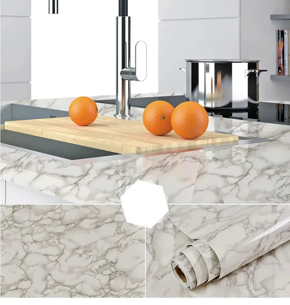 60cm Waterproof Oil Resistant Mold Resistant Self-Adhesive PVC Marble Wall Sticker for Kitchen Cabinets Countertops Wallpaper Qme