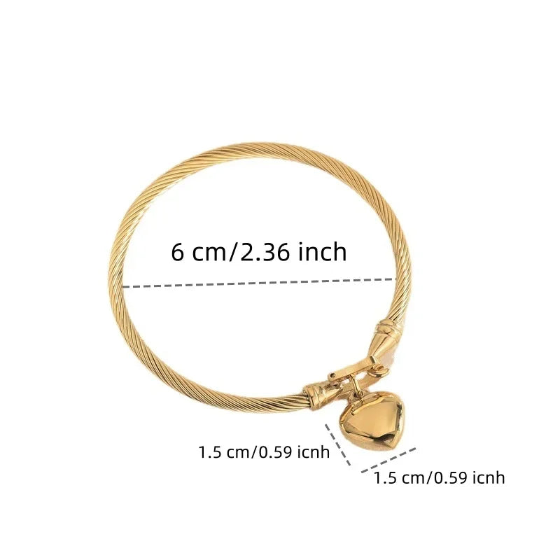 18k Gold Color Stainless Steel Heart Pendant Charm Bangle Bracelets for Men Women Qme