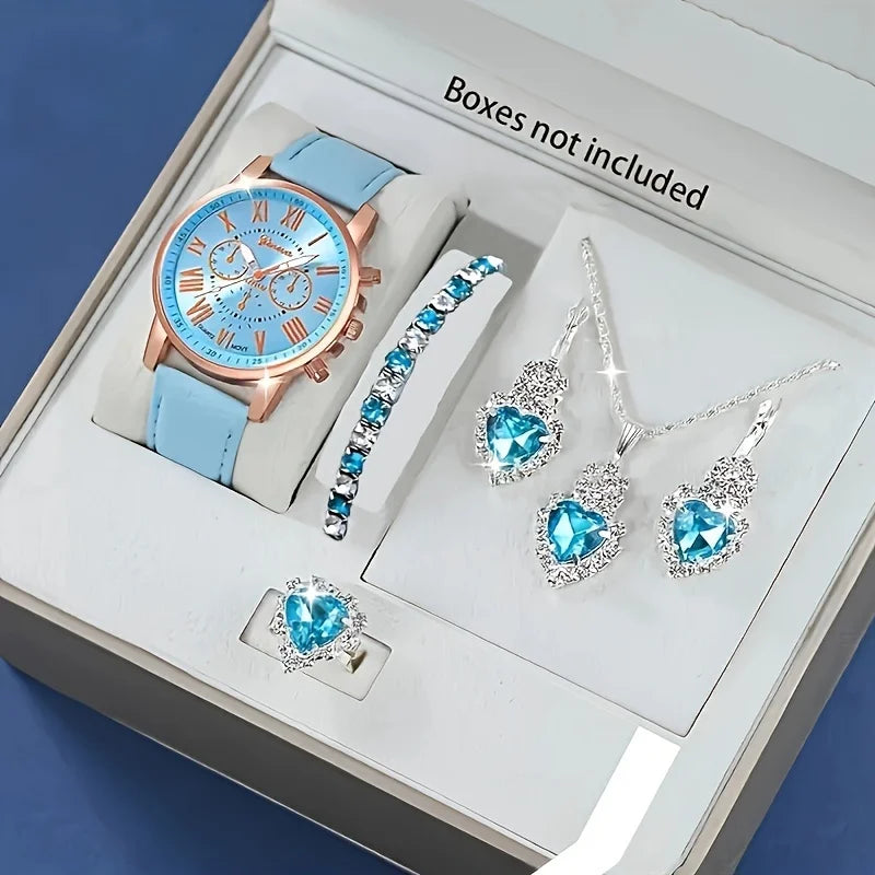 Fashion quartz watch and jewelry set, shock resistant circular analog digital display, PU leather strap, zinc alloy case Qme 1