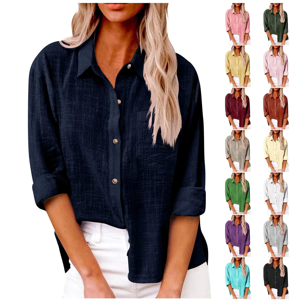 Women’s Long Sleeve Turn Down Collar Solid Color Retro Versatile T-shirts Large Sized Daily Basic Minimalist Dress Shirt For Lad Qme
