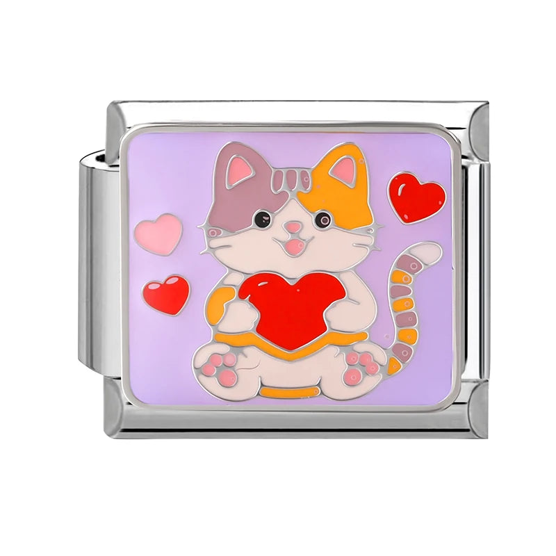 Cute Colored Love Heart Cat Italian Charm Fit Stainless Steel Women