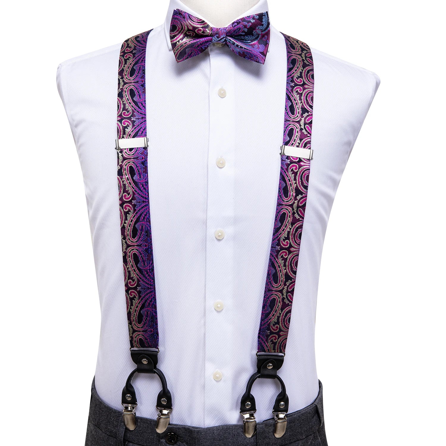 Silk Woven Mens Suspenders Bow Tie Hanky Cufflinks Strength 6 Clips Qme BD-3041