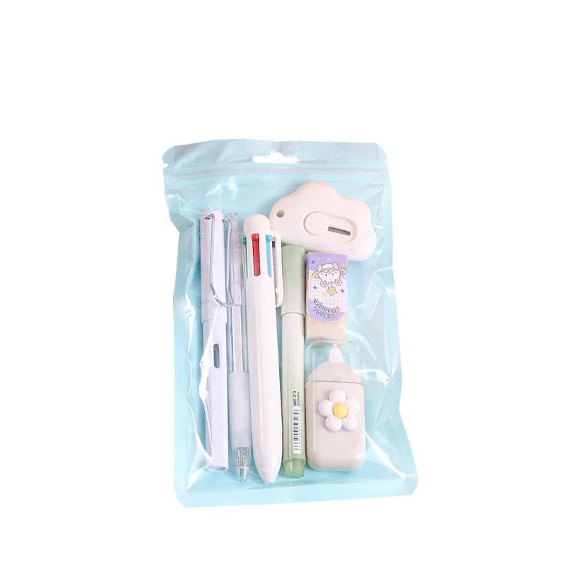 7PCS Cream Color Cute Stationery Set for School, Christmas Student Gift, Kawaii Writing Supplies with Notebook Pen Qme WHITE