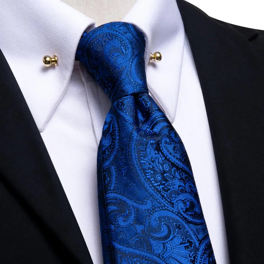 Hi-tie Luxury Teal Blue Wedding Necktie Men's Tie Glod Collar Pin Qme N-1435-CP-0001