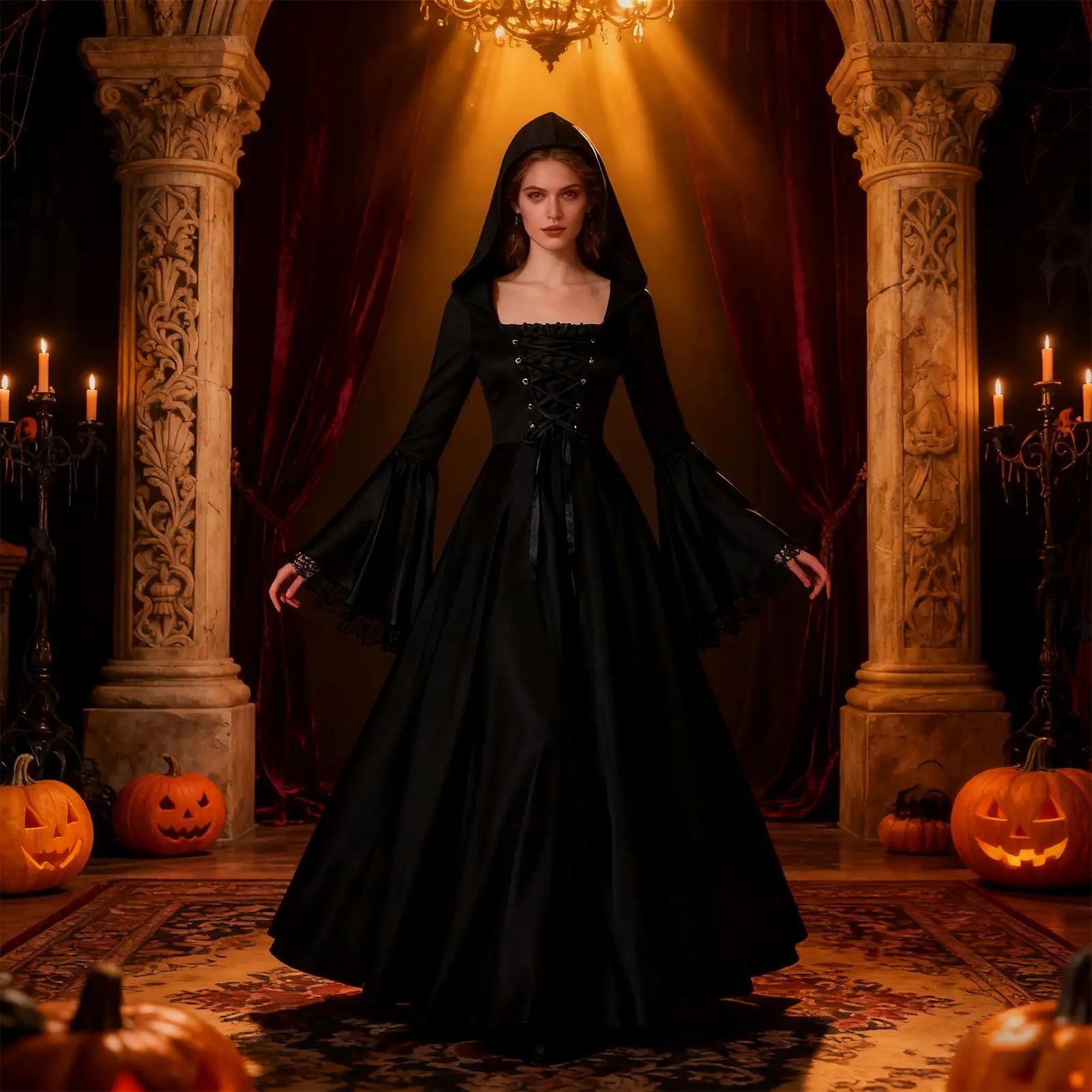 Witch Costume Black Skirt Gothic Dress-up With Hood Halloween Witch Outfit Costume Dress For Haunted House Cosplay Event Theater Qme