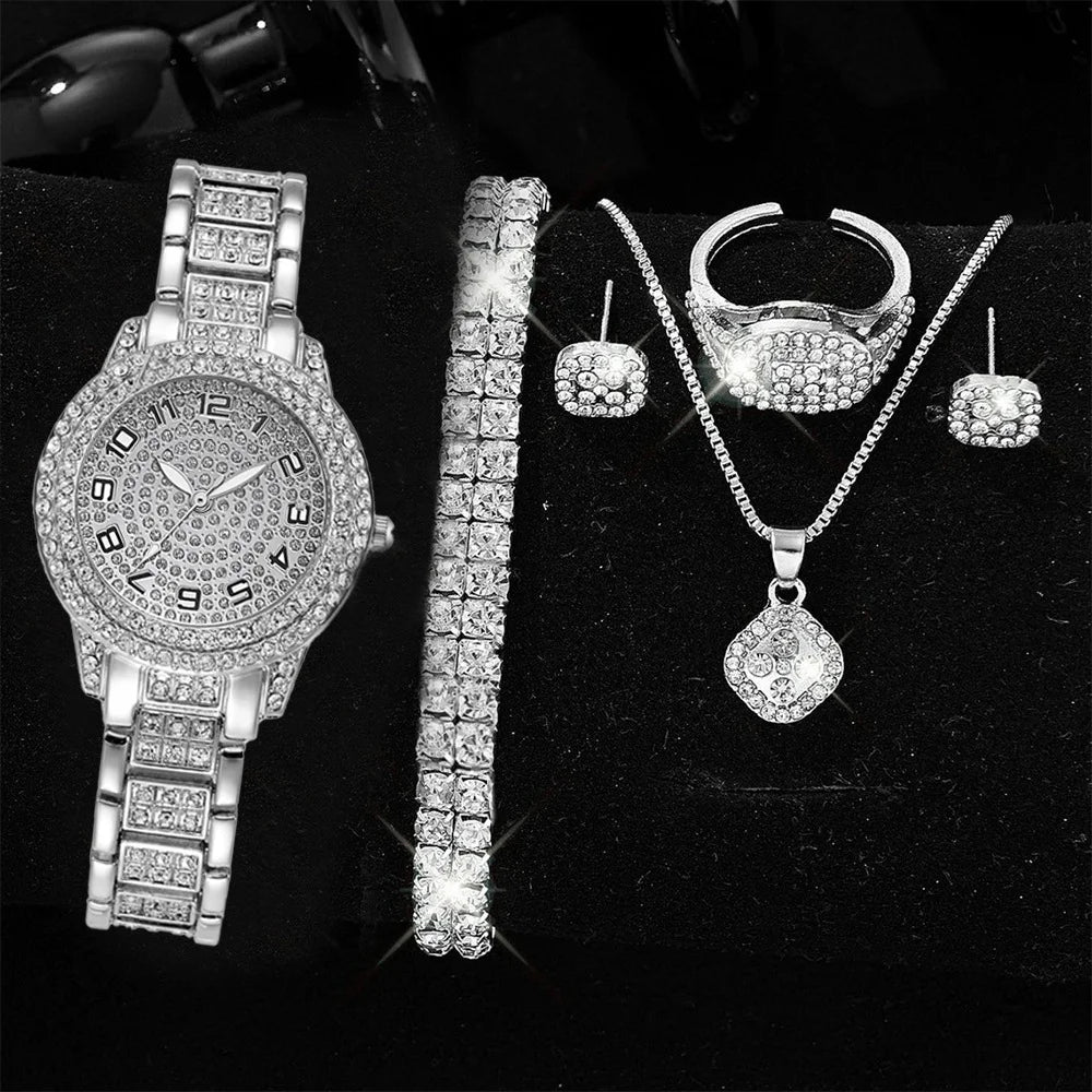 Full Diamond Roman Literal Steel Strip Watch with Starry Charm Business Quartz Watch Set Qme silver 2