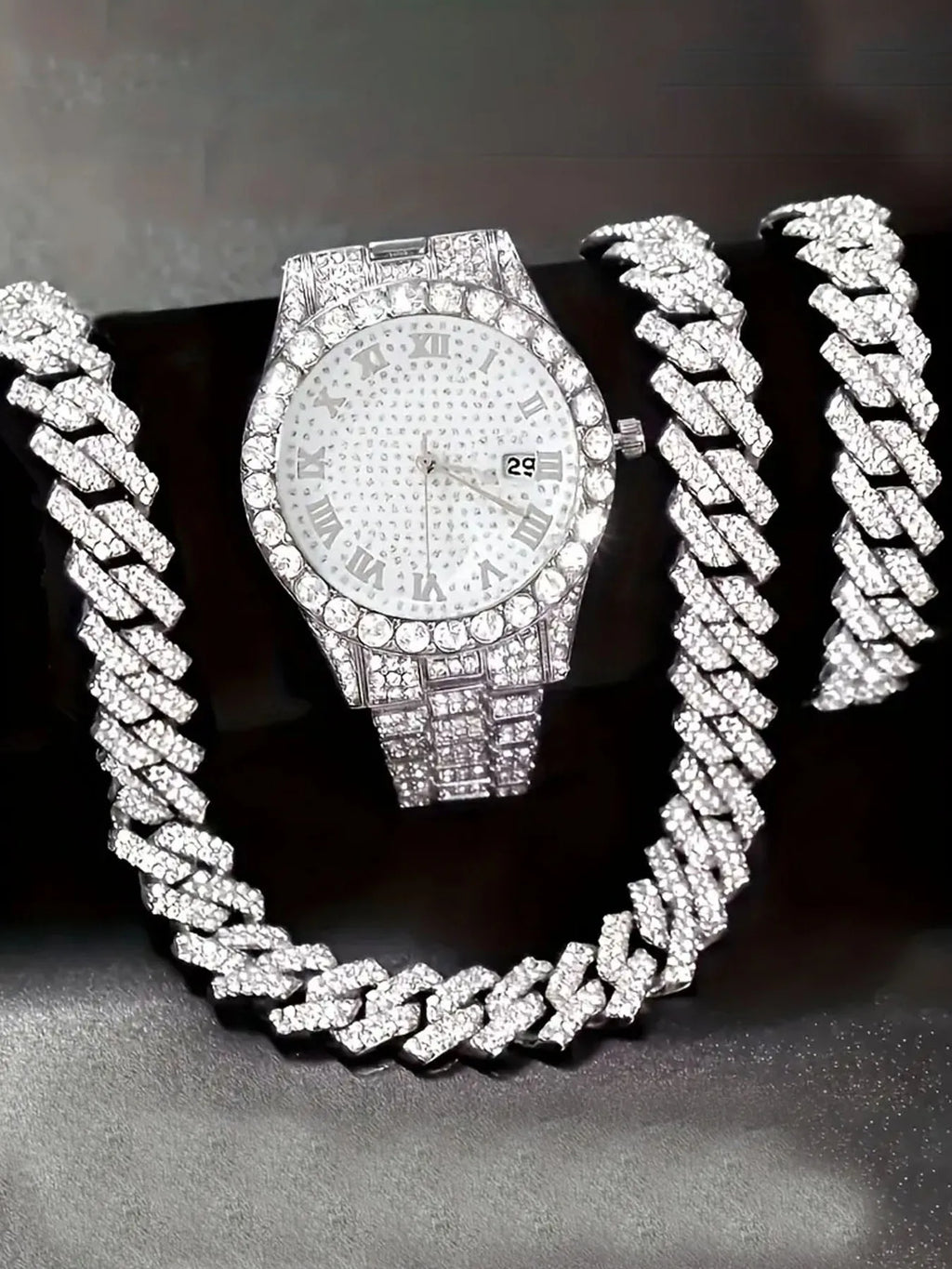 Luxury Men's Square Quartz Watch with Diamond-Embedded Roman Numerals Alloy Fashion Gift Set Qme Silver