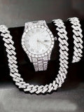 Luxury Men's Square Quartz Watch with Diamond-Embedded Roman Numerals Alloy Fashion Gift Set Qme Silver