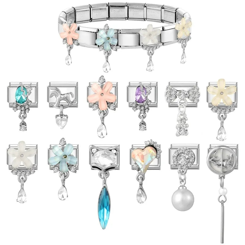 Shiny Colorful Heart Cats Bowknot Flower Zircon Water Drop Italian Charm Links Fit 9mm Stainless Steel Bracelet Women DIY Making Qme