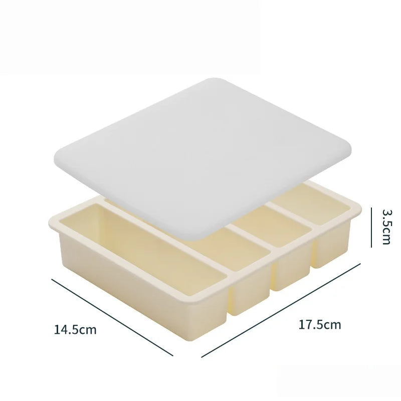 4 Grid Rectangular Silicone Ice Cube Mold with Lid Household Food Grade Ice Grid Tray Whiskey Ice Box Qme Cream white