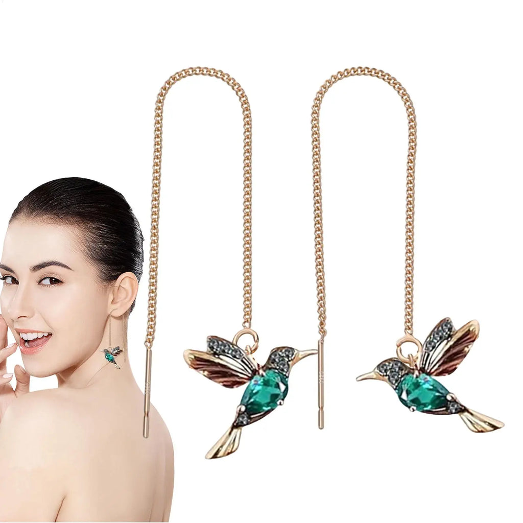 Hummingbird Pull Through Threader Earrings Hummingbird Wing Pendant Necklaces Portable Light Weight Long Chain Drop Earrings Qme