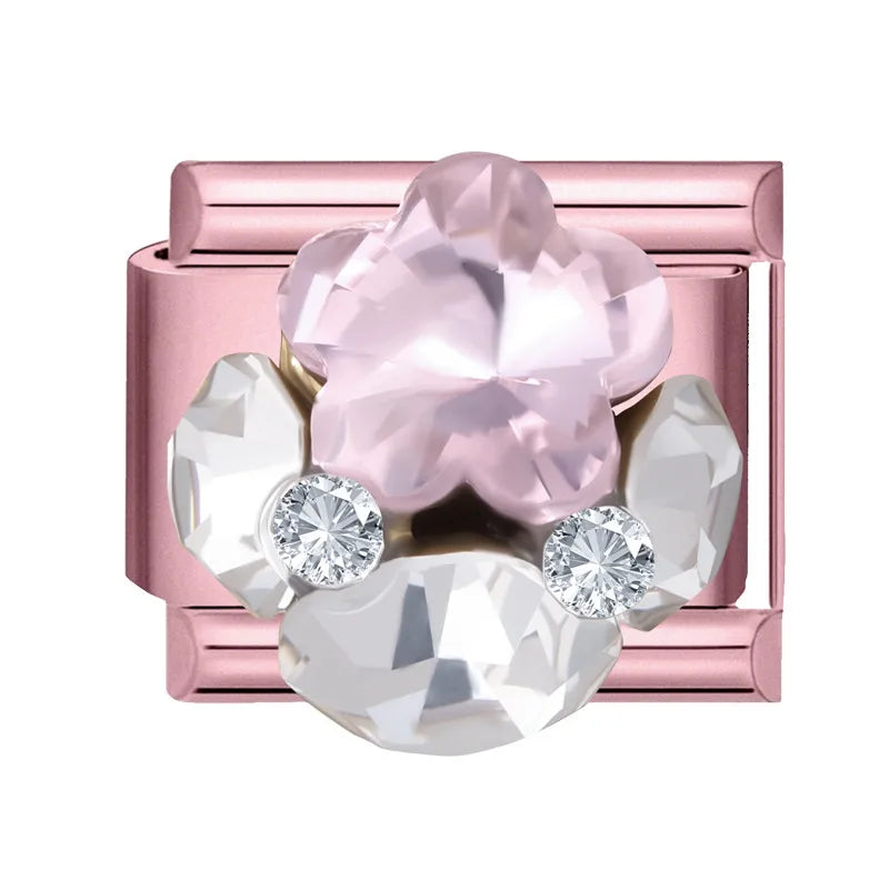 2025 New Sweet Zircon Bright Flowers Heart Bows Pink DIY Making Bracelet Women Men Stainless Steel 9mm Italian Charm Links Fit Qme Style 11