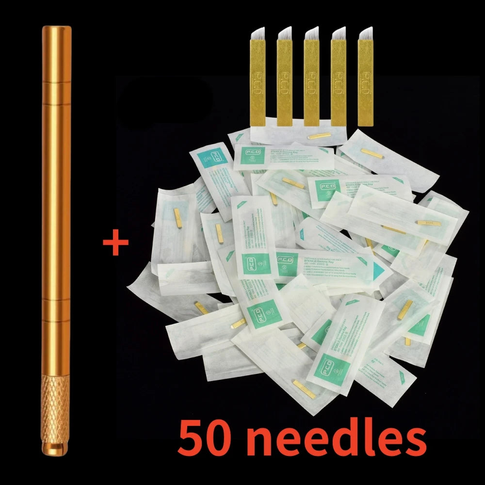 Golden Tebori 3D Microblading Tattoo Pen Needles Permanent Makeup Manual Professional Eyebrow Microblading Tattoo Set Tool Qme Golden 50 Needles