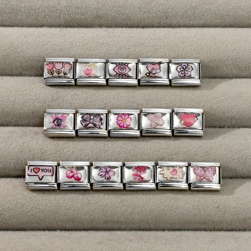 2026 Pink Love Heart Eyes OneArrow through the heart Italian Charms Link 9mm Sliver Modular Bracelet Stainless Steel DIY Jewelry Qme