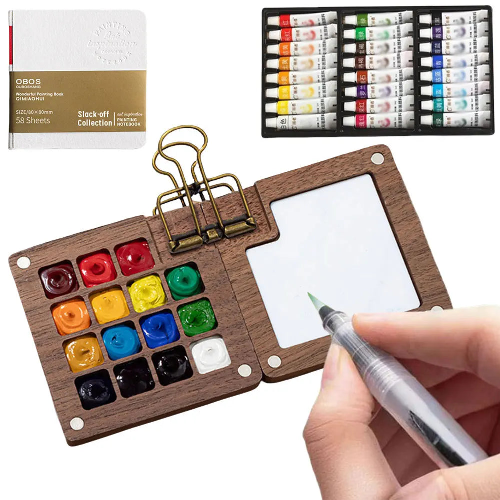 Travel Paint Palette Mini Watercolor Palette Set with Clip Portable Watercolor Set Wooden Grid Paint Box for Watercolor Painting Qme