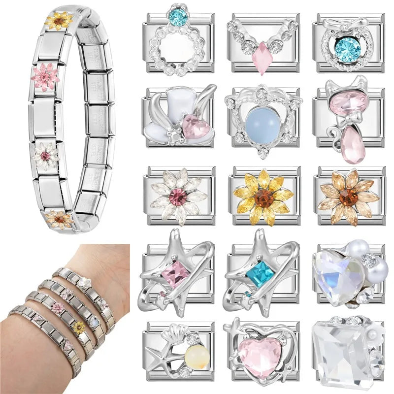 2026 Women Fashion Romantic Blue Heart Love Stars Square Shiny Zircon Italian Charms Fit 9mm Stainless Steel Bracelet Jewelry Qme