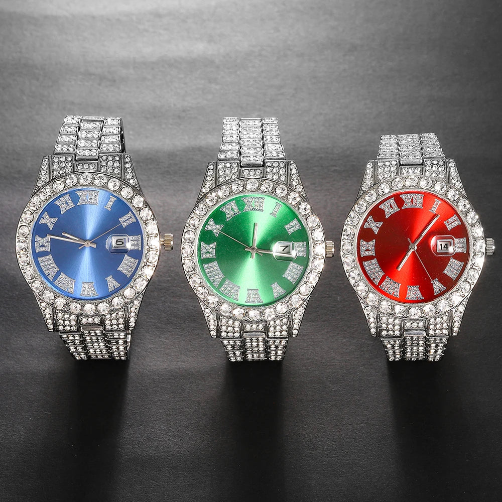 3pcs Men's Silver Watch Set Hip-hop Punk Inlay Diamond Watch+Cuban Chain+Bracelet Comes With Strap Adjuster Stylish Jewelry Gift Qme