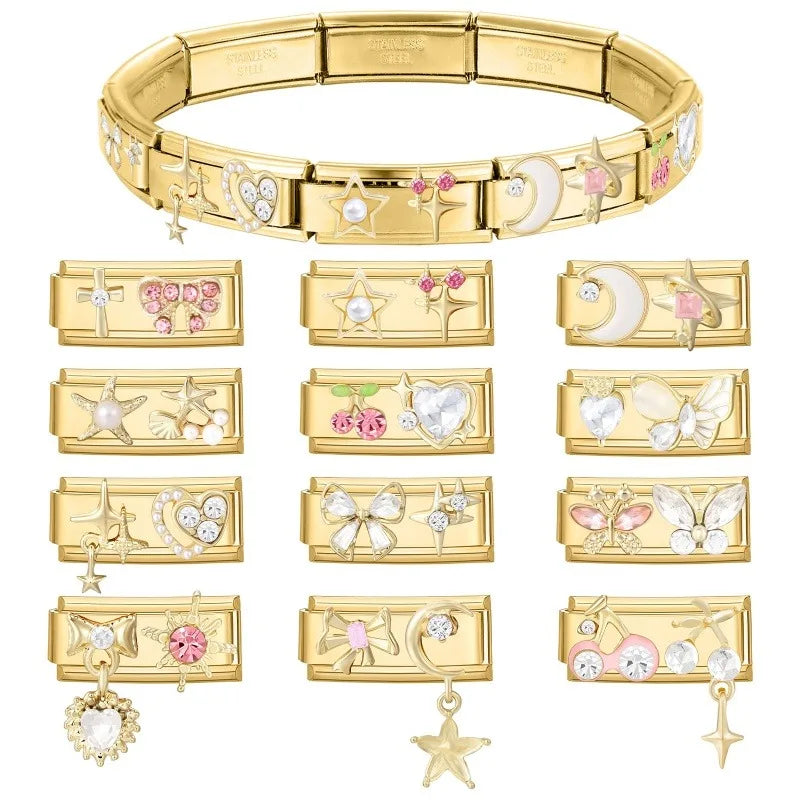 New Fashion Gold Color Cute Bows Garland Big Zircon Stars Hearts Italian Charm Links Fit 9MM Stainless Steel Bracelet DIY Making Qme