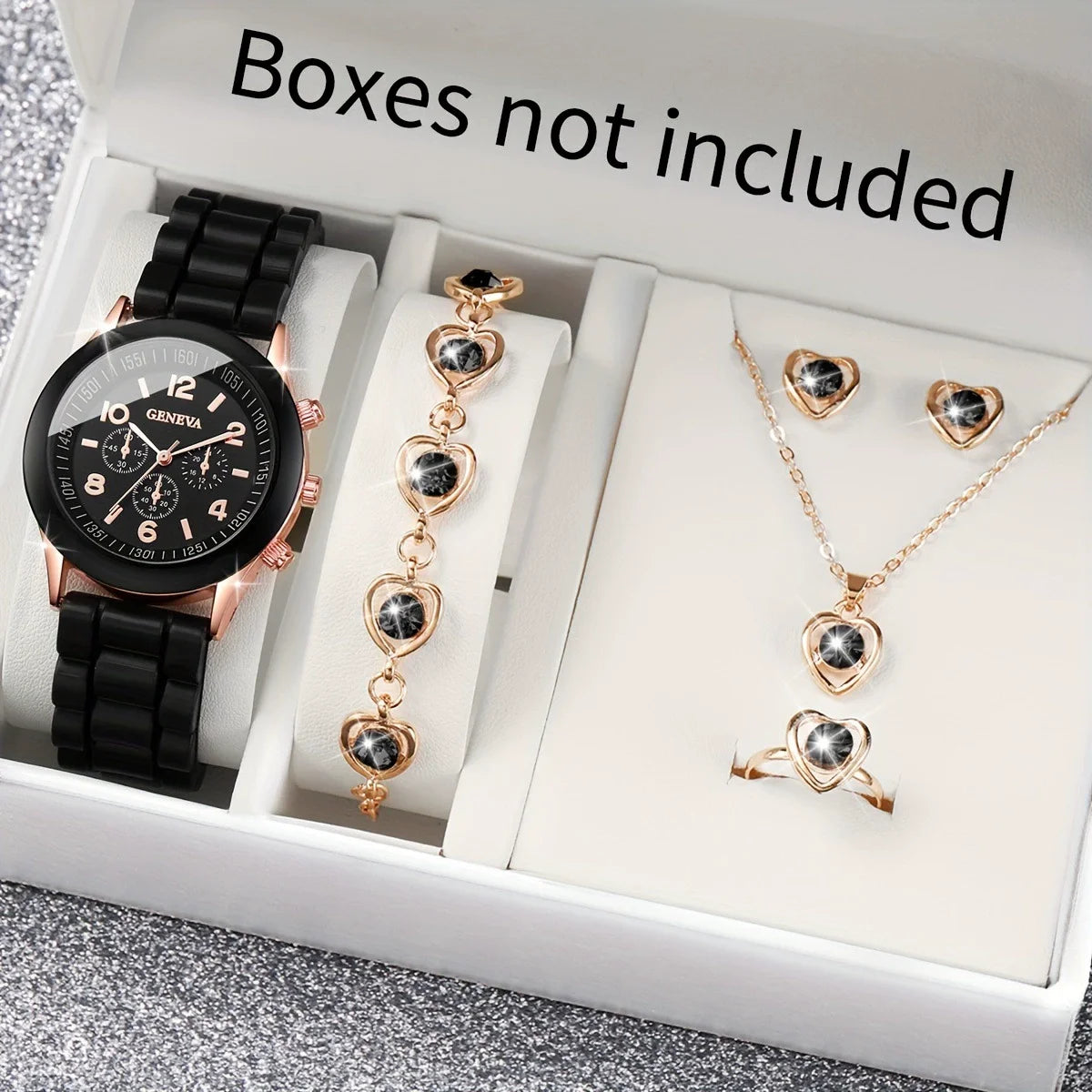 6PCS Women's Watch Fashion Silicone Band Quartz Watches Pearls Heart Jewelry Set（Without Box） Qme Boxes not included 5
