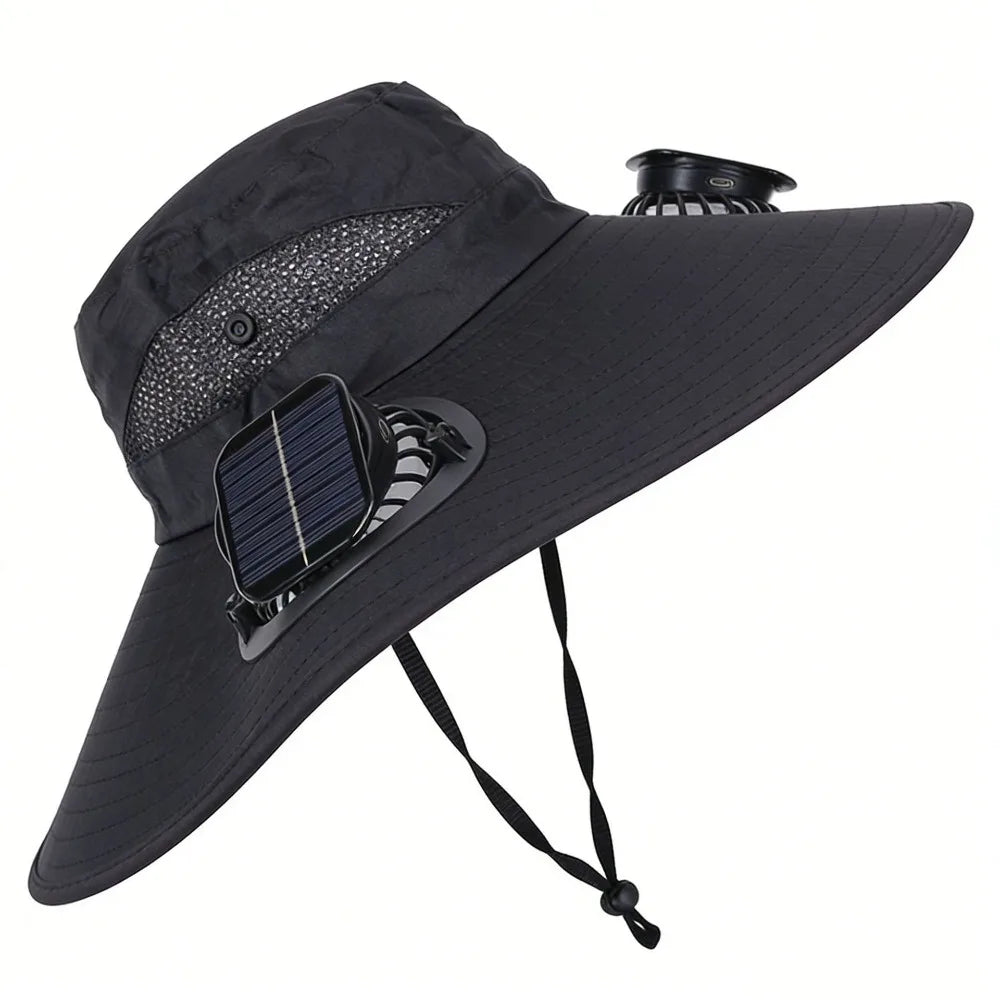 Convenient Dual Fan Solar Hat Breathable 3 Speeds Summer Visor Cap Qme Black Square