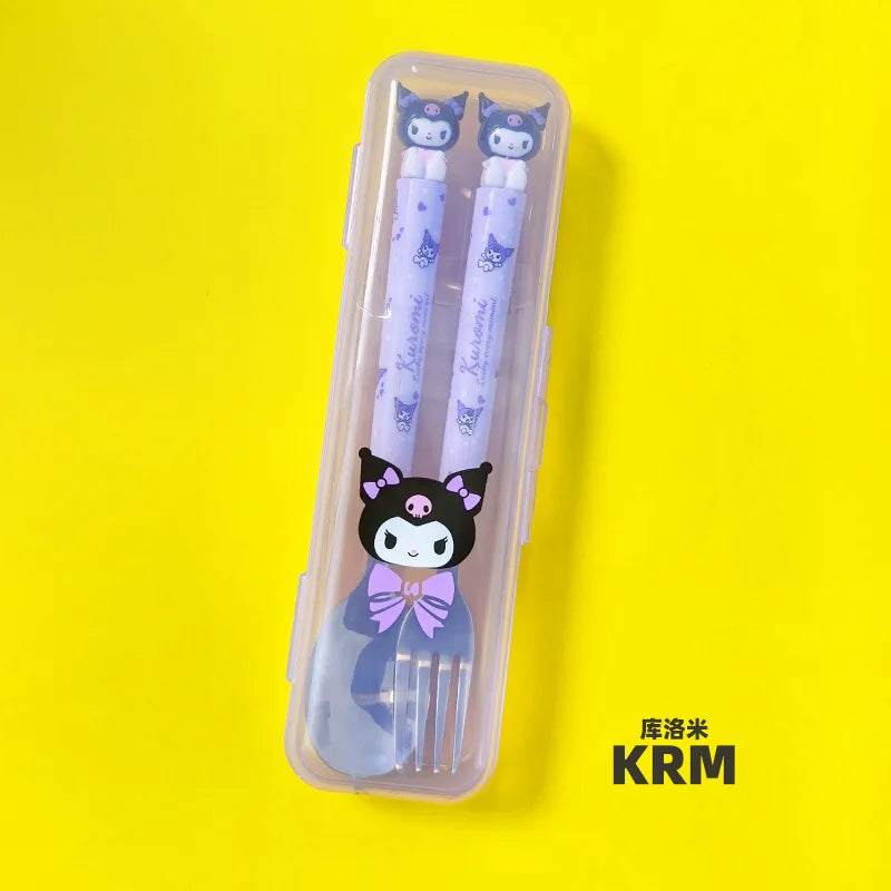 Hello Kitty Kuromi Cartoon Children's Tableware Spoon Portable Two-Piece Set for Students Stainless Steel Fork and Spoon Set Qme 1