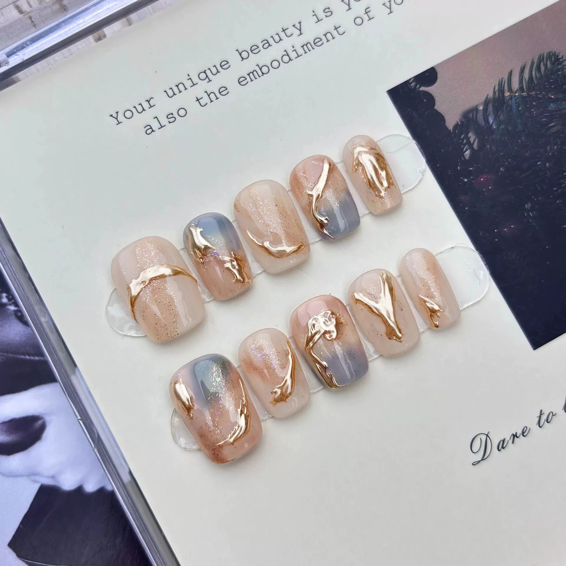 High-end Handmade Diamonds Chic Pink Flower Press Nails Sweet Cat Eye Qme GJ-CDJ-ZB198-S