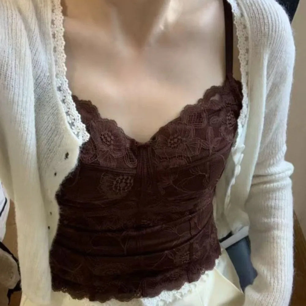 Chic Mesh Flower Slim Lace Crop Bottoming Shirt Sweet Girl's Vest V Qme