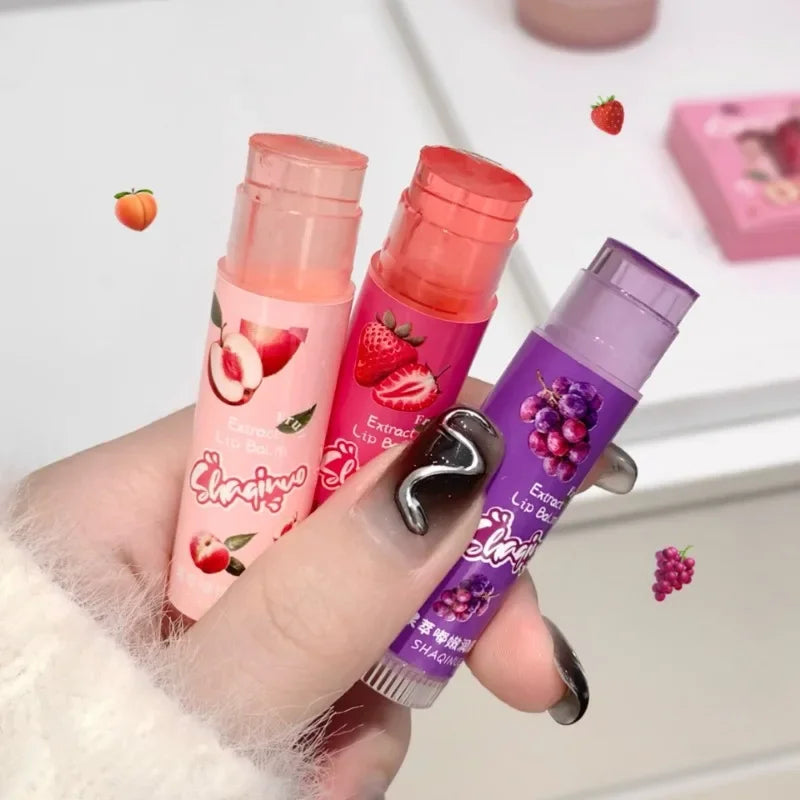 Set of 3Pcs Fruit Extract Lip Balm Jelly Moisturizing Hydrating Lipsticks Watery Gloss Fade LipLines Lip Care Tinted Lip Pomade Qme