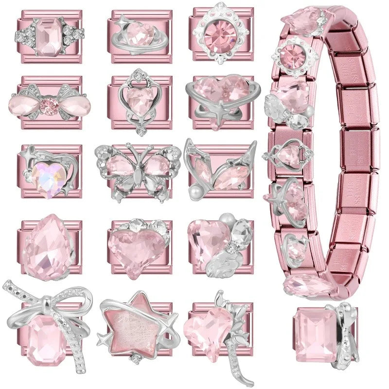 Wholeasle Shiny Round Zircon Bow Beautiful Stars Italian Charm Links Fit 9mm Stainless Steel Bracelet Women Jewelry DIY Making Qme