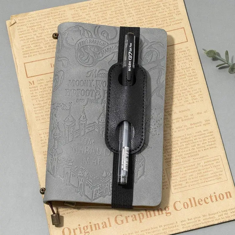 Elastic Band PU Leather Pen Holder Creative Anti-lost Notebook Clip Qme black 1pcs A6