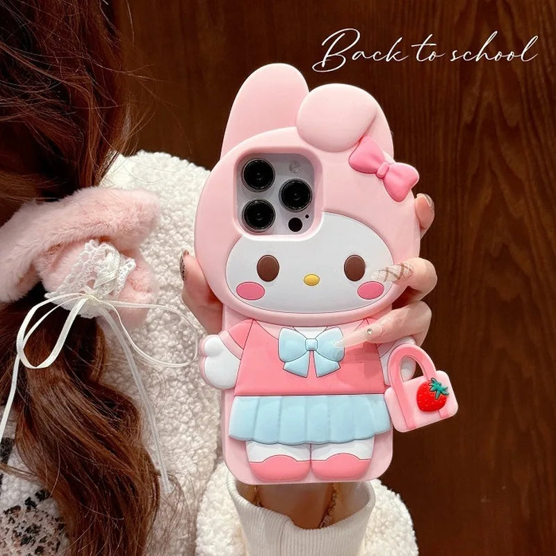 Sanrio Cute 3D Big Head Hello Kitty Case For iPhone 14 15 16 17, Cartoon Bear Heart Soft Silicone Anti-drop Ladies Phone Shell Qme