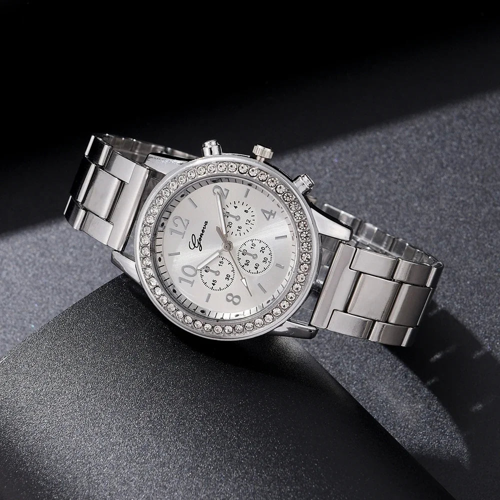 6PCS Set Luxury Watch Women Ring Necklace Earrings Rhinestone Fashion Wristwatch Female Casual Ladies Watches Bracelet Set Clock Qme