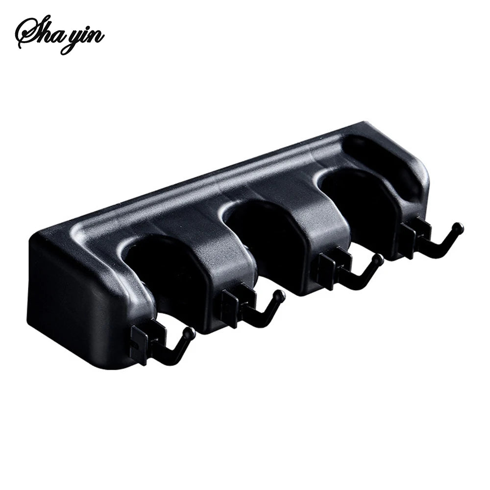 Wall Mounted Mop Holder 3/4 Position Multi-Functional Broom Pendant Shelf Home Kitchen Storage Black Magic Plastic Mop Holder ﻿ Qme black