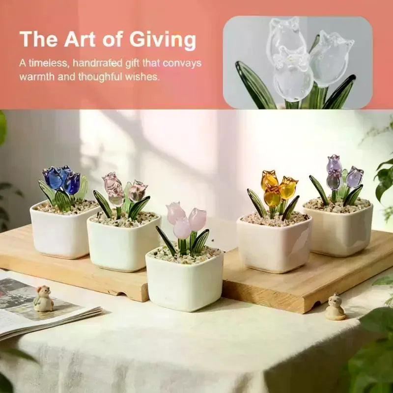 Magnetic Plant Glass Planter Hand Blown Glass Tulips Flower Pot, Everlasting Glass Flower for Home Decor, Elegant Gift for Women Qme