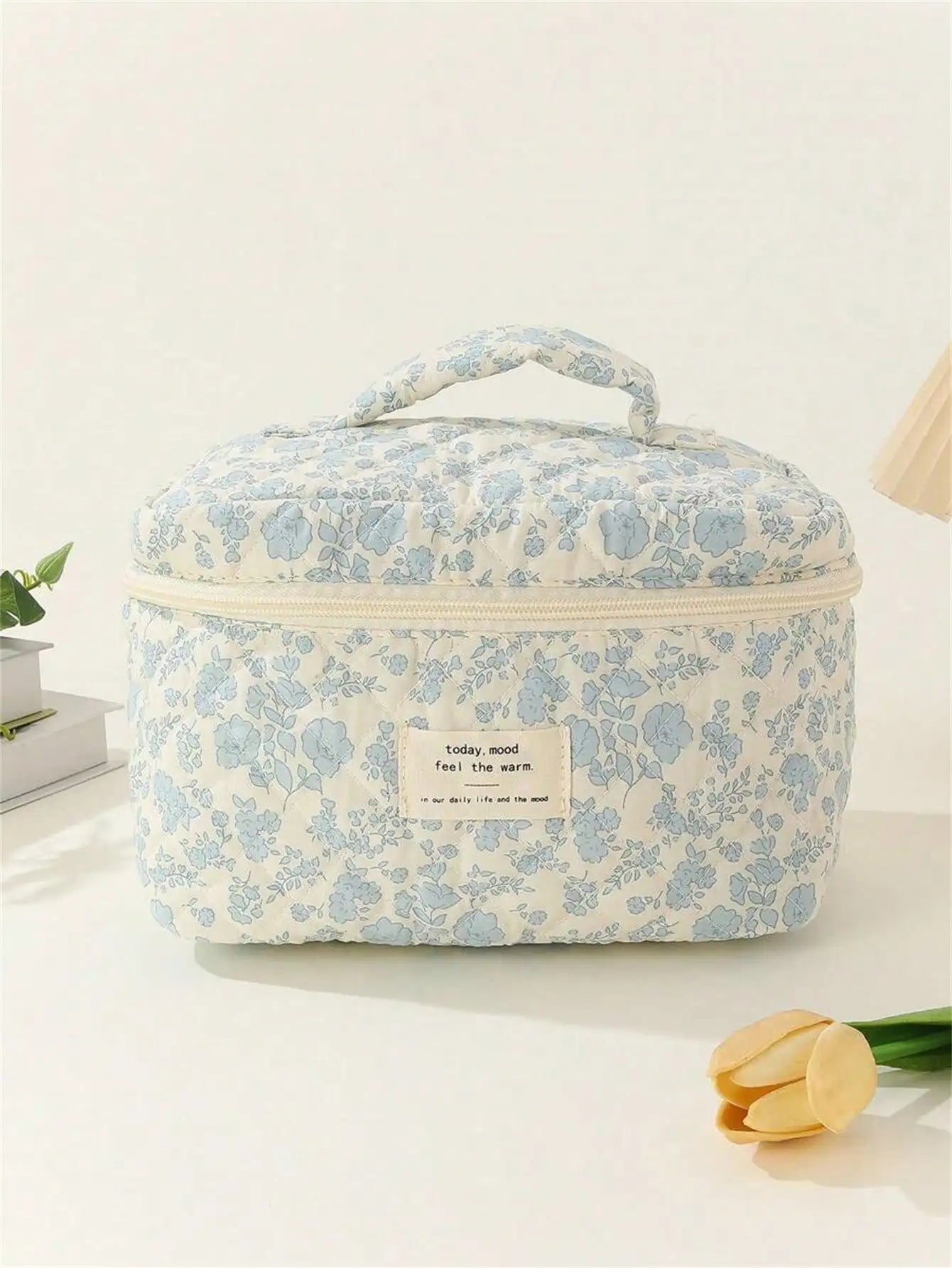 Large Capacity Makeup Bag Checkered Flower Stitching Cotton Storage Qme