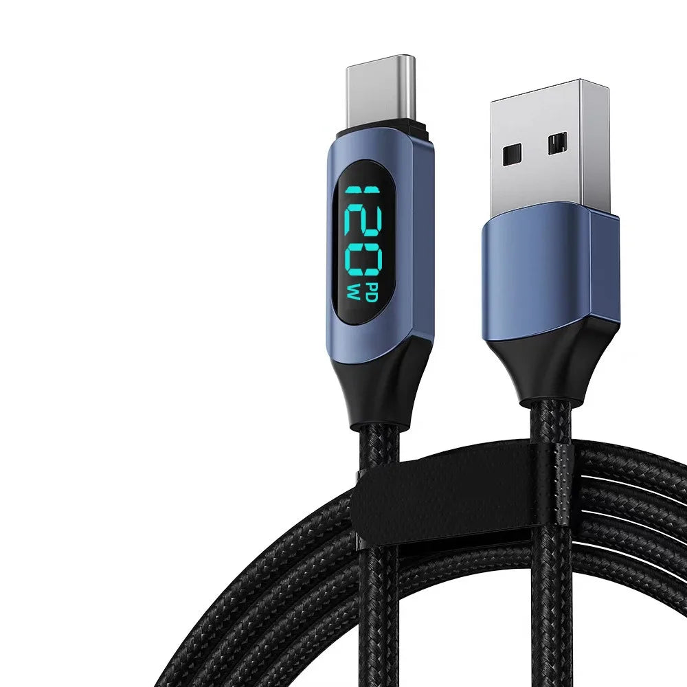 PD 120W Fast Charging Data Cable LED Digital Display USB C Nylon Braided Mobile Phone Charger Cord For iPhone 17 Samsung Xiaomi Qme USB A to C Blue 2m