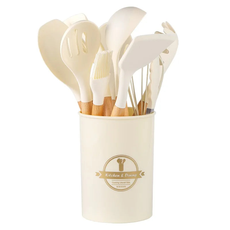 2/12Pcs White Silicone Kitchen Utensils Set with Wooden Handle,Cookware Spatula, Heat Resistant Non-stick Kitchen Cooking Tools Qme 12-Piece Tools