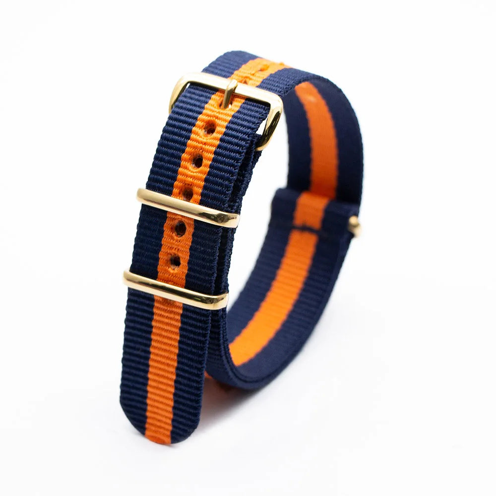 High Quality Luxury Striped Nylon Smart Watch Strap 18MM 20MM 22MM Gold Square Buckle Wear-resistant Woven Strap Qme 2Blue1Orange 18mm