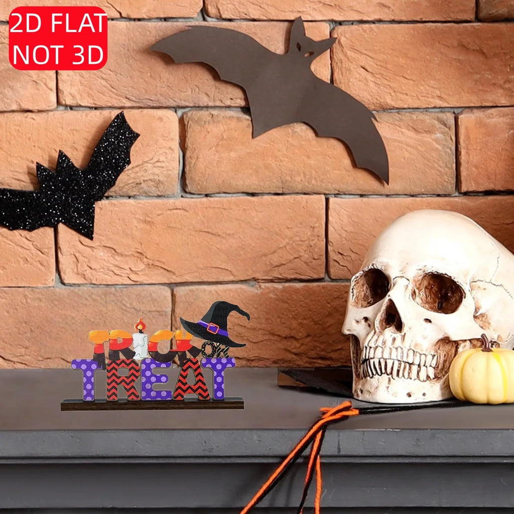 Halloween 2D Wooden Sign – “TRICK OR TREAT” with Witch Hat, Candle & Skeleton Hand. Spooky Season, Party, or Home Display Qme
