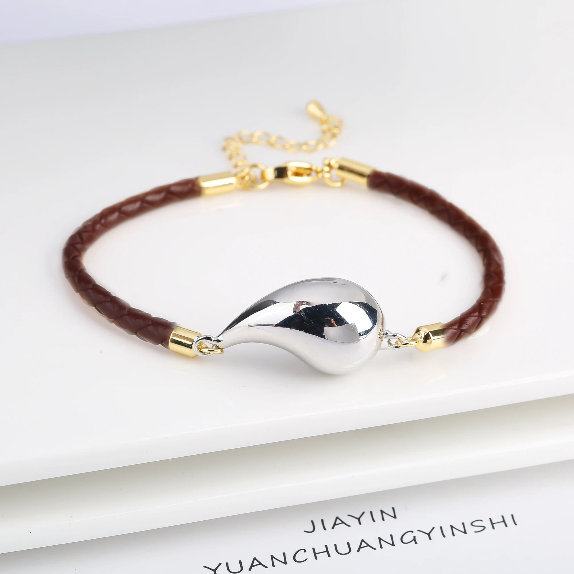 Simple Gold Plated Comma Leather Braided Adjustable Bracelet Fashion Women Water Drop Bracelet for Party Jewelry Gift Daily Wear Qme Color 15