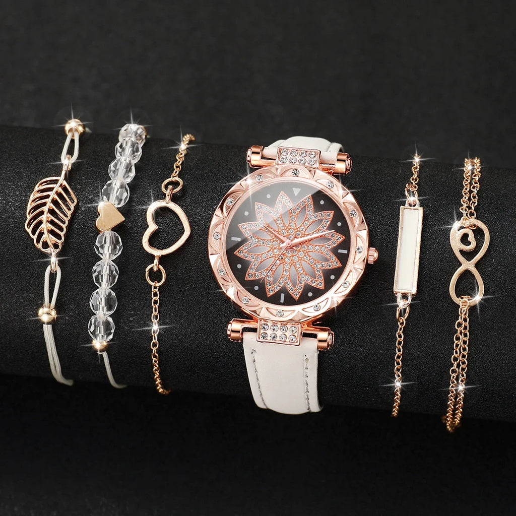 6PCS Bracelet Women's Watch Set Women's PU Leather Strap Quartz Watch Bracelet Set Qme 6PCS Set Without Box