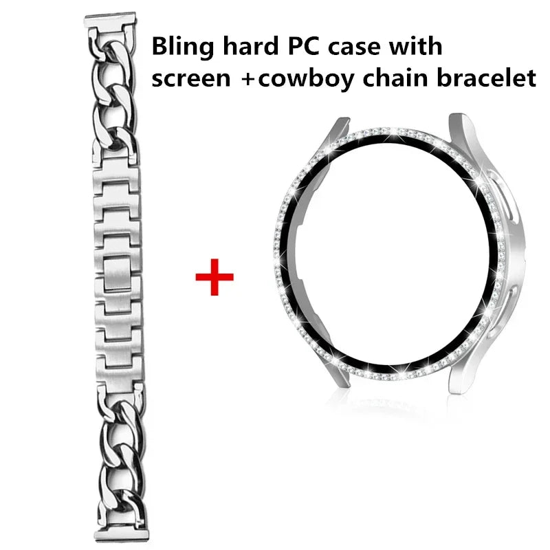 Bling Case+Bracelet for Samsung Galaxy Watch 6 5 4 40mm 44mm Metal Cowboy Chain Strap Screen protector Galaxy Watch 4 5 6 Band Qme