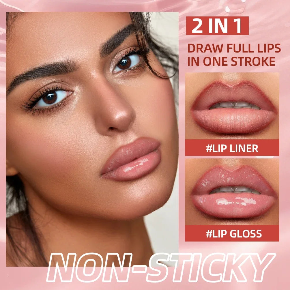 QIBEST Velvet Brown 2 In 1 Lip Liner Pencil Lipgloss Moisturizing Cherry Red Lip Liner Lip Contour Pen Makeup Women Lip Glaze Qme