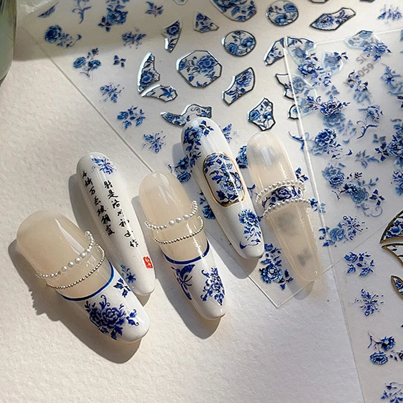 Blue White Porcelain-style 3D Nail Art Stickers Self-adhesive Qme
