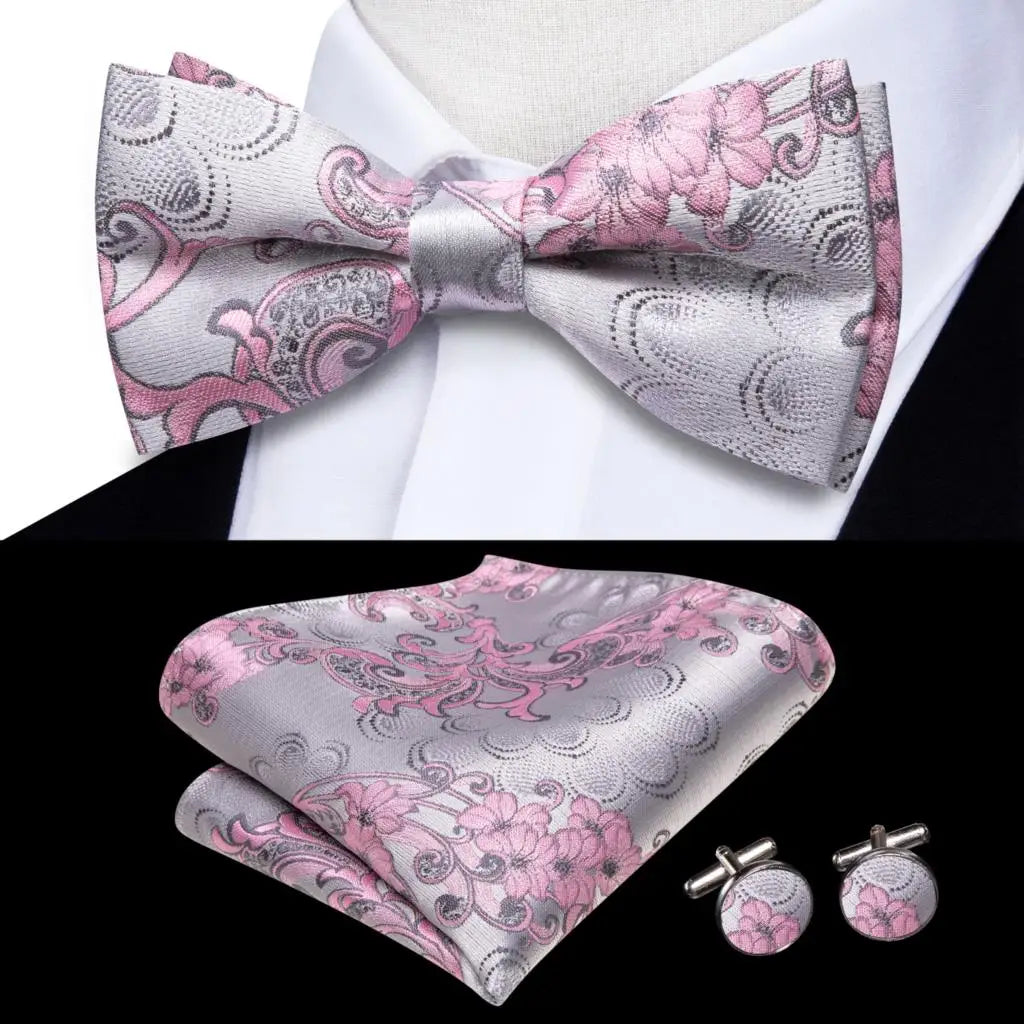 Hi-Tie Striped Black Red Mens Bow Tie Hankerchief Cufflink Pre-tied Silk Butterfly Knot Bowtie for Male Business Party Wholesale Qme S1-LH-2585