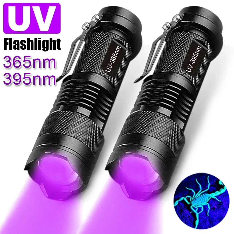 395/365nm UV Flashlight LED Ultraviolet Torch Zoomable Mini Ultra Violet Lights Inspection Lamp Pet Urine Stain Detector Tools Qme
