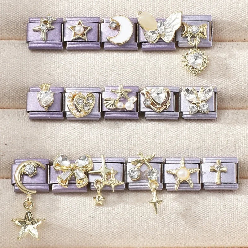 Sweet Shiny Gold Color Zircon Bow Moon Cherry Star Italian Charm Links Fit 9mm Stainless Steel Bracelet Women Jewelry DIY Making Qme
